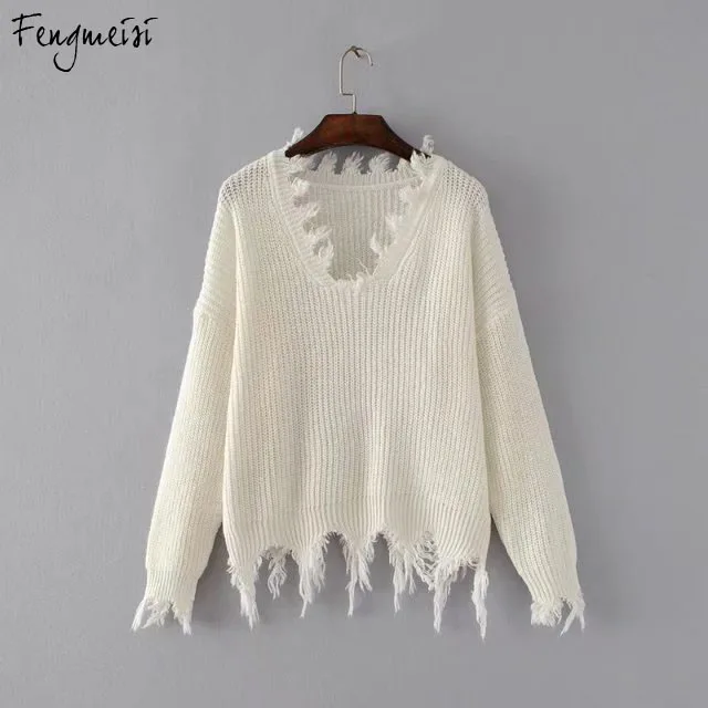 Fengmeisi knitted sweater women pullover female Casual loose V neck ripped tassel autumn pull femme knit jumper P2607 | Женская одежда