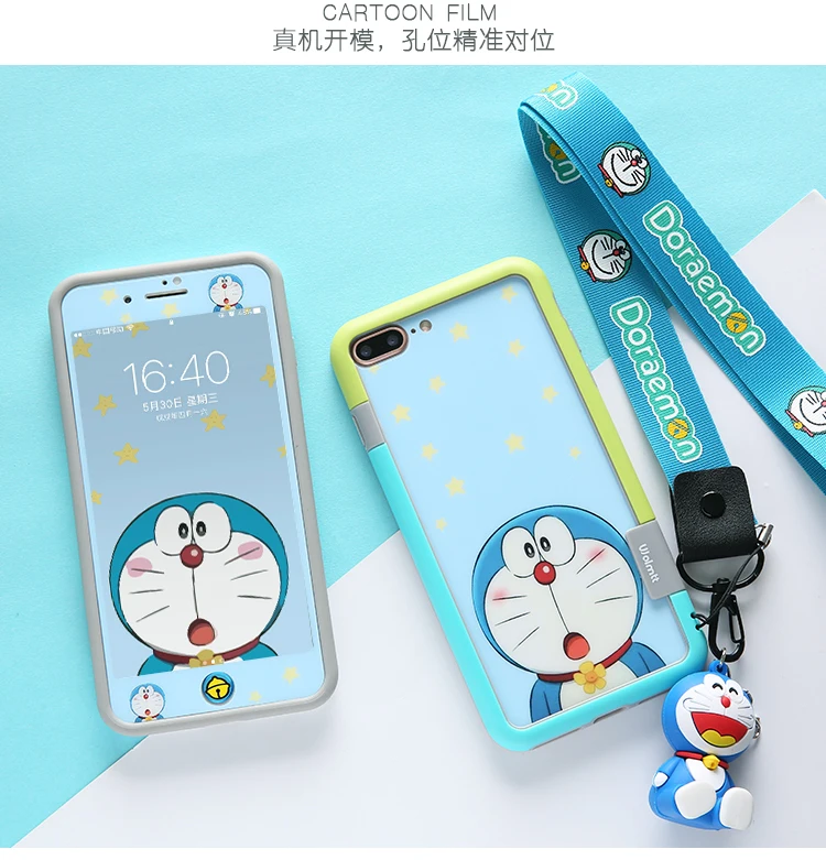 Небесно-голубой Для iphone 8 plus Doraemon F& B пленка из закаленного стекла+ Мягкий бампер для iphone 8 7 7 plus 6 6s 6s Plus милая игрушка+ ремешок - Цвет: Небесно-голубой