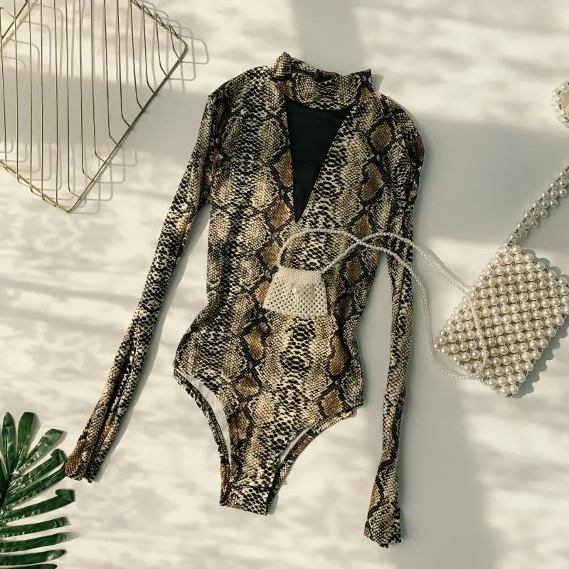 2019 New Spring Women's Overalls Sexy Leopard Printing Semi-high Collar V Long Sleeve Trim Body Thin Bodysuit for Woman | Женская