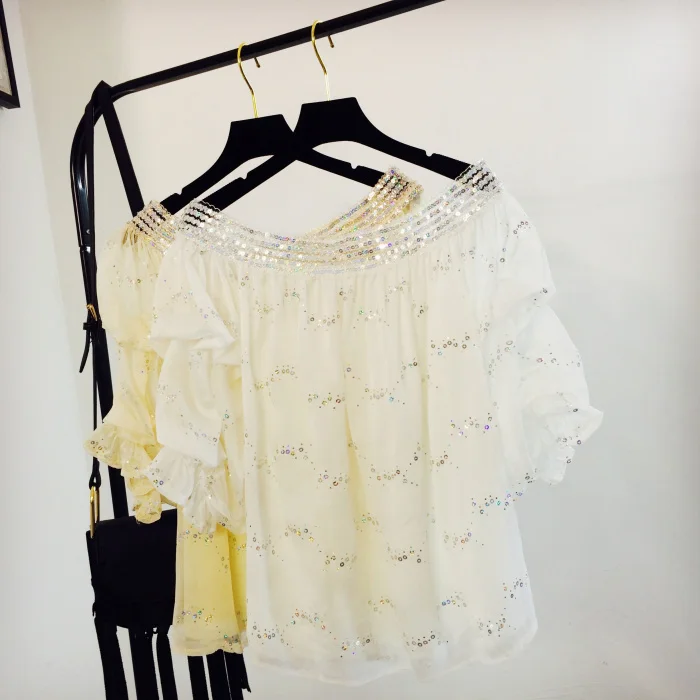 new embroidery sequins word han edition loose fairy dew shoulder chiffon unlined upper garment lantern sleeve blouse |