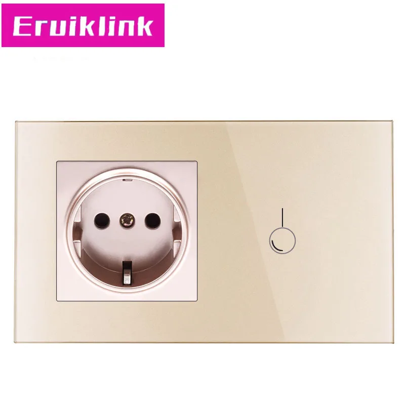 Eruiklink AC220~ 250 В, белая кристальная стеклянная панель, настенный сенсорный выключатель, 16А стандарт ЕС, настенная розетка с выключателем, светильник