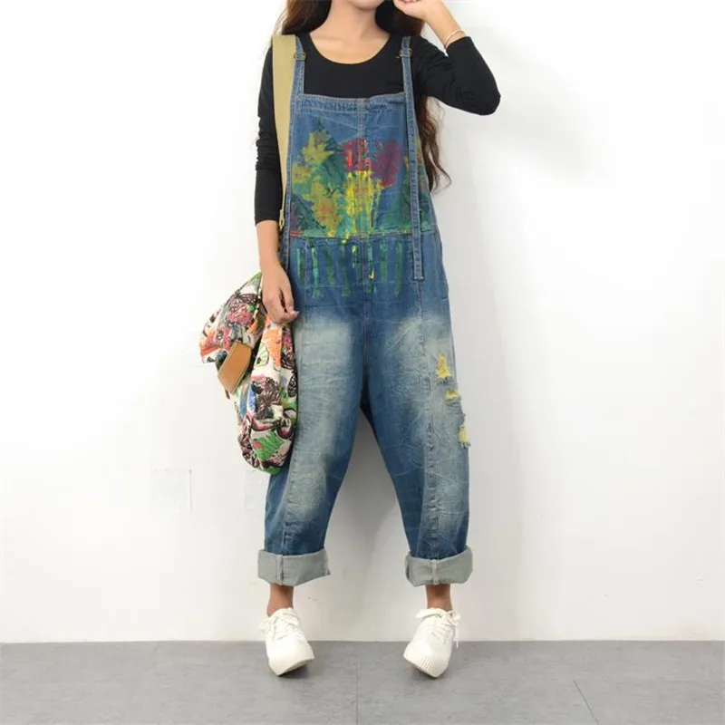 Free Shipping 2021 New Spring And Summer Plus Size Denim Bib Pants Female Trousers Loose Jumpsuits With holes Painted Jumpsuit