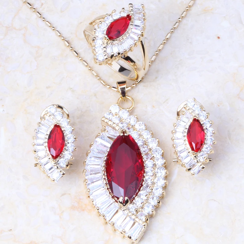Модные серьги кольцо и ожерелье с кулоном из красного белого циркона золотого