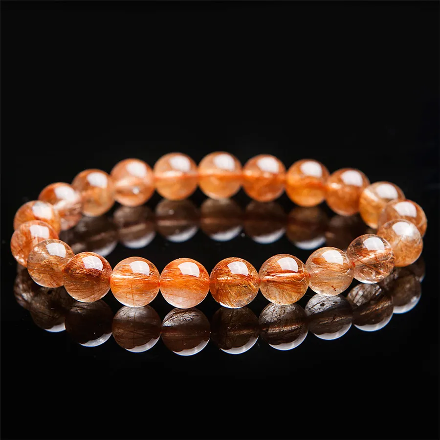 9mm Natural Genuine Brazilian Copper Hair Rutilated Quartz Crystal Round Beads Jewelry Stretch Bracelets For Women Femme | Украшения и