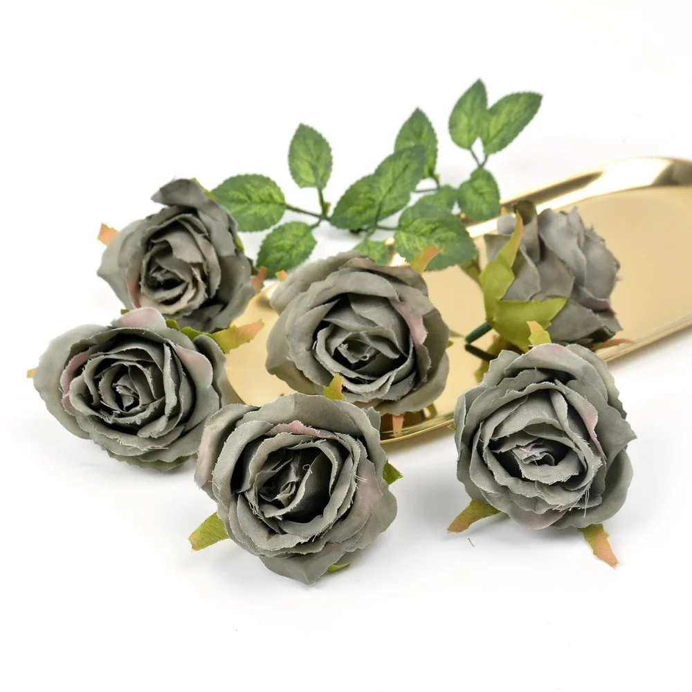 Gray green 5 шт. искусственный цветок из шелка Роза голова для свадебной вечеринки украшения дома DIY ВЕНОК букет скрапбукинга Подарочная коробка ремесло поддельный цветок - Цвет: Gray green