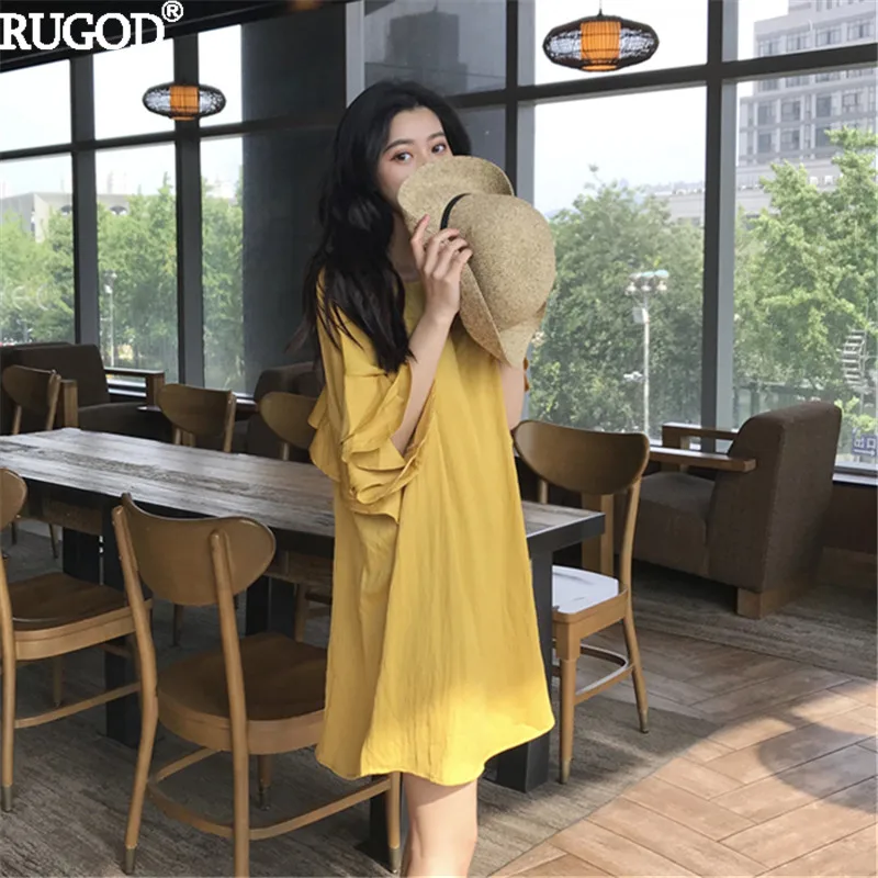 RUGOD Лето 2019 г. Твердые Хлопок повседневное Стильный Желтый и платье хаки женское
