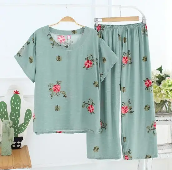 Пижама с коротким рукавом для женщин из хлопка и льна принтом повседневная