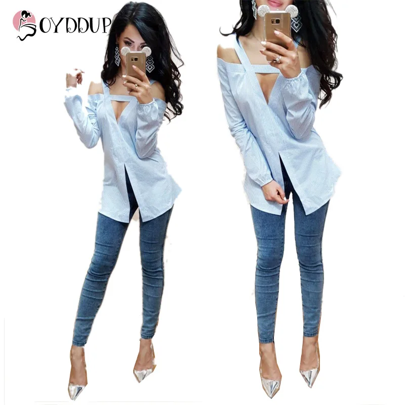 2017 spring autumn women sexy fashion deep V collar shirt blue stripes white long sleeves strapless casual comfortable blouse |