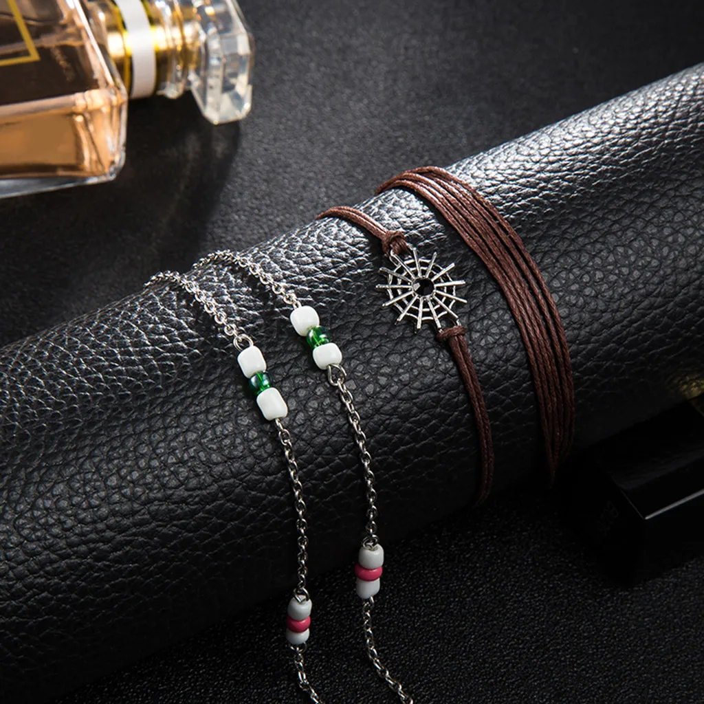 Женский браслет цепочка с бусинами и звездами в богемном стиле комплект из трех