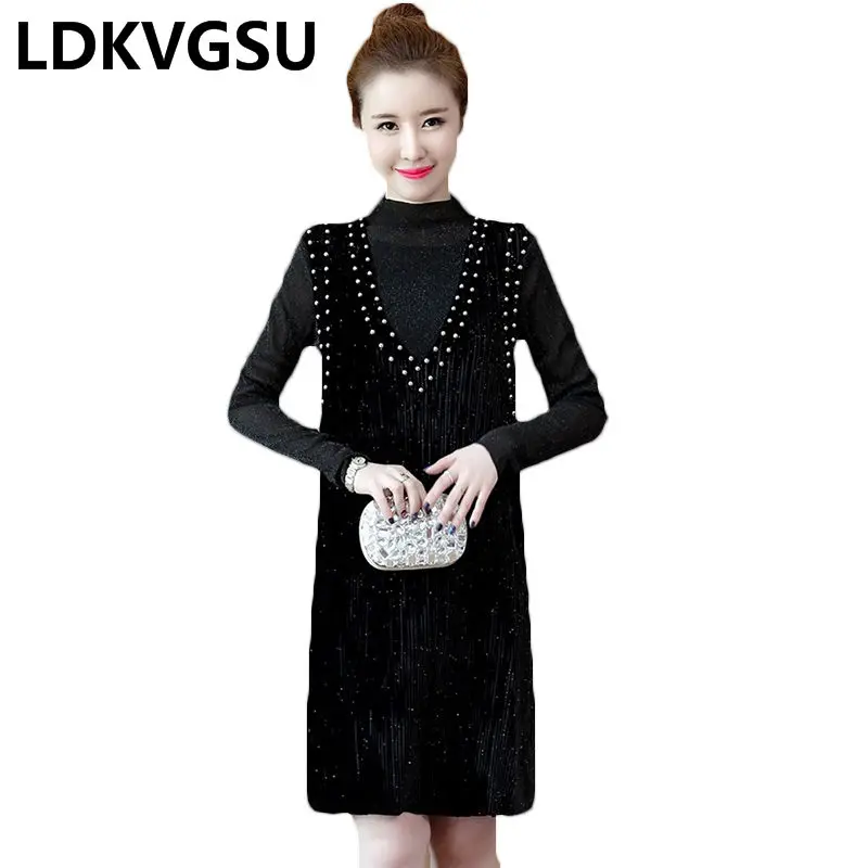 

Spring Autumn 2019 New Korean Large Size Strap Dress Two-piece Set Long Sleeve Half Turtleneck Tops With Sleeveless Dress Is1707