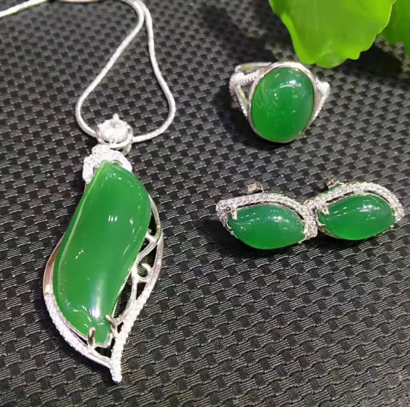 Натуральный зеленый халцедон серьги подвески из трех частей Серебро s925