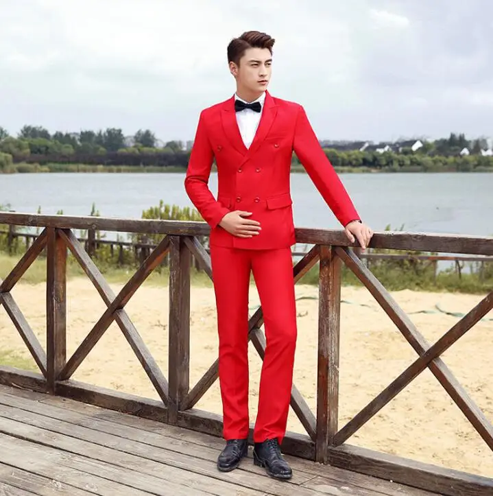 Blazer men groom suit set with pants mens wedding suits costume singer star style dance stage clothing red formal dress | Мужская одежда