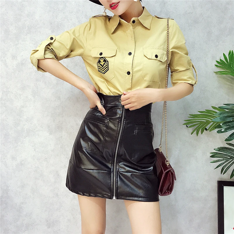 2017 Hot Sale Cotton Polyester Tracksuits Autumn New Women's Polo Shirt Embroidered Jacket Leather Skirt Suit Female Fashion | Женская