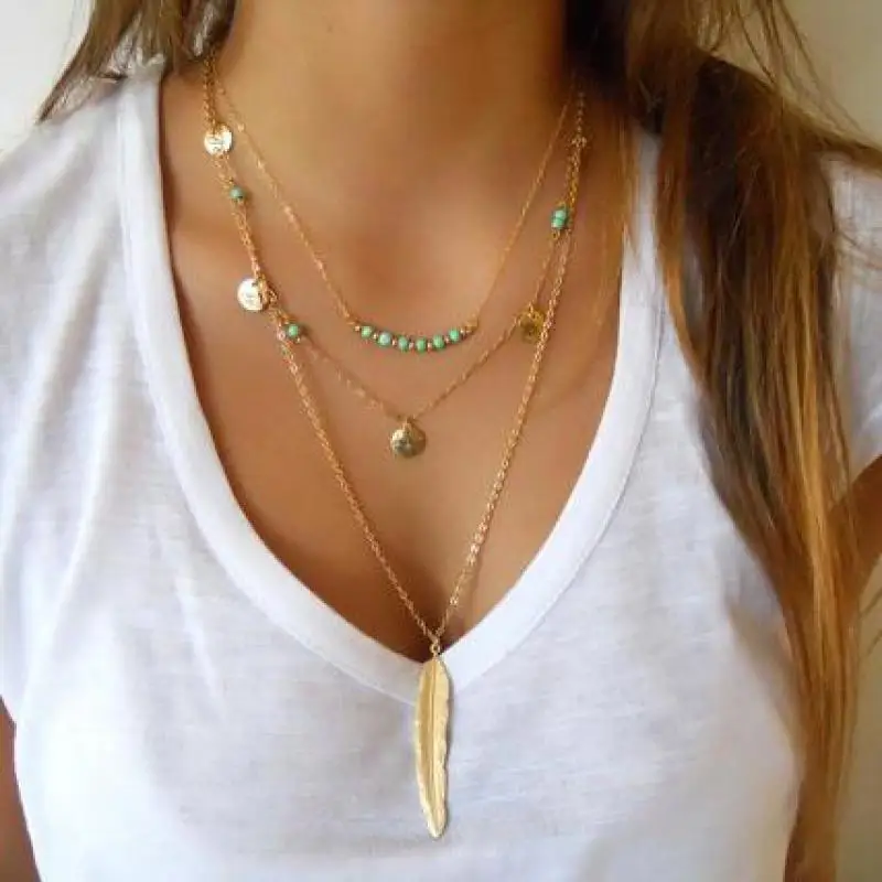 Ожерелье женское многослойное с круглыми блестками и перьями 2018 | Украшения