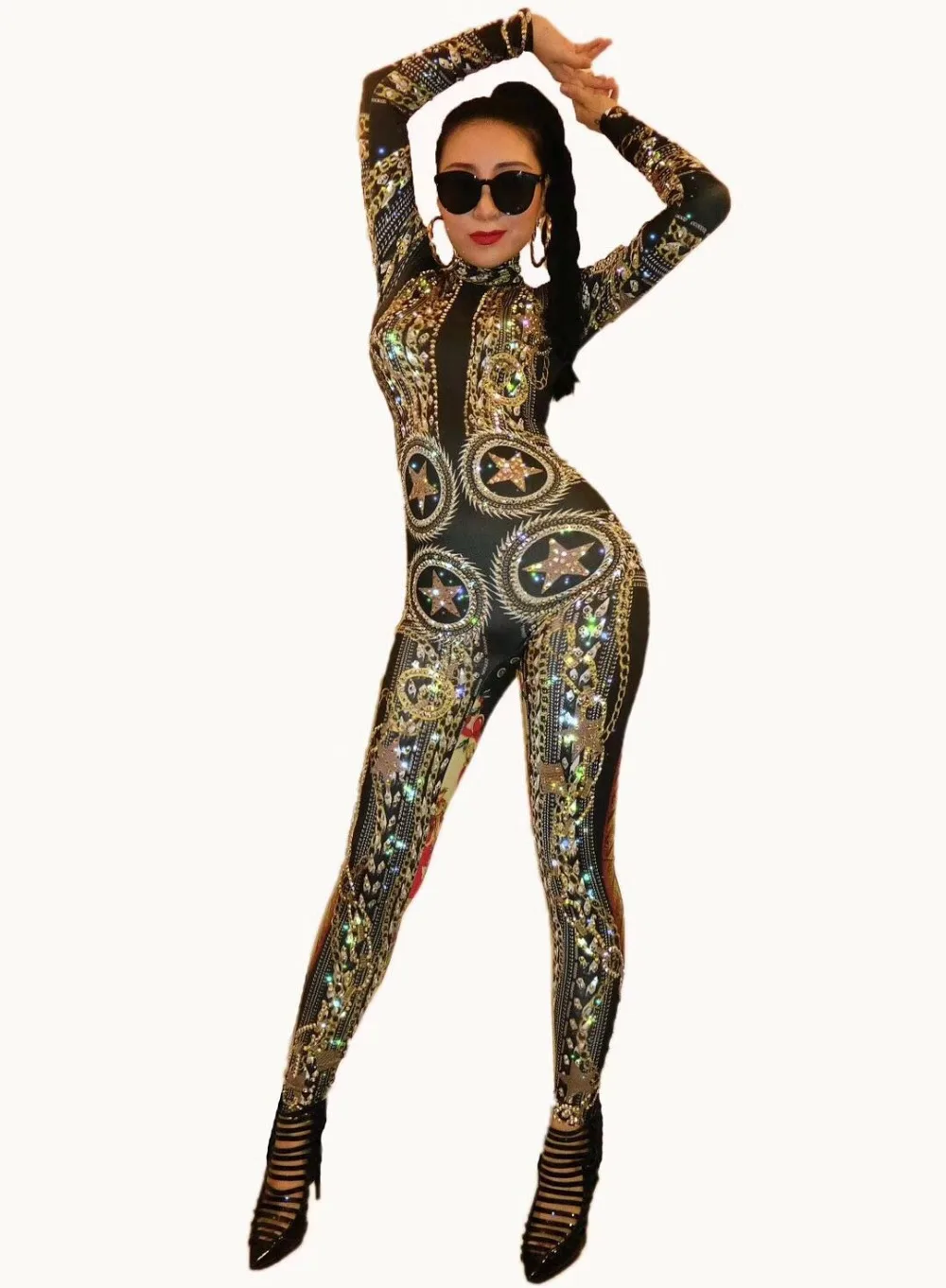 Gold Spandex Printed Stretch Rhinestones Jumpsuit Women's Sexy Bodysuit Costume Stage Outfit Singer Dancer Performance Rompers