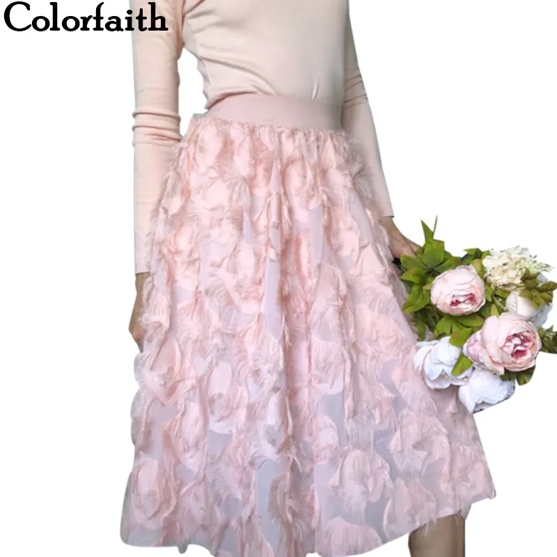 Colorfaith, новинка, Женская длинная юбка миди на весну и лето, женская модная Расклешенная юбка с перьями и аппликацией, Женская юбка с высокой талией SK1812