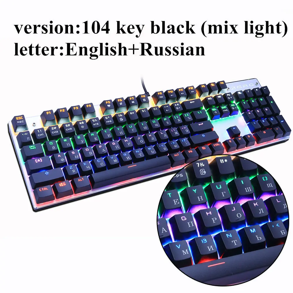 Black 104 RU METOO ZERO игровая механическая клавиатура синий/черный/красный переключатель анти-ореолы подсветка Teclado Проводной USB для геймера Русский/Английский - Цвет: Black 104 RU