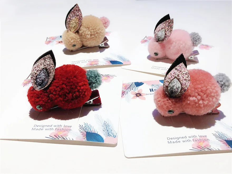 Модные милые блестящие заколки для волос с помпонами и кроличьими ушами из
