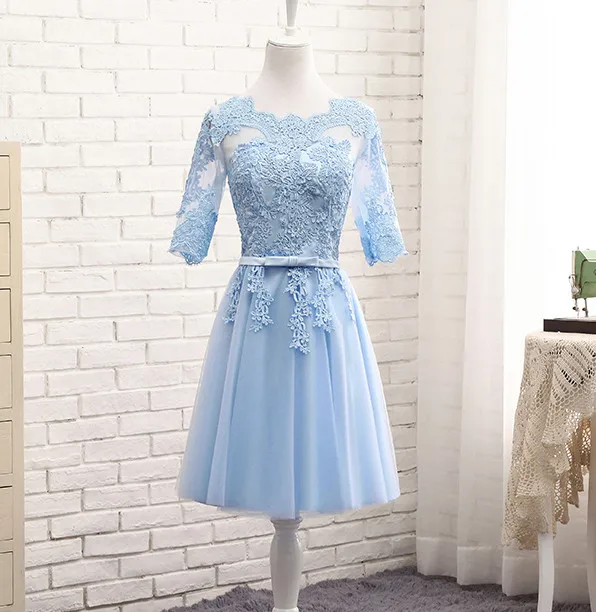 Robe De Soriee светло-голубое платье для подружки невесты длинные кружева иллюзия совок Аппликация длиной до пола элегантные вечерние платья для выпускного вечера невесты - Цвет: light blue short