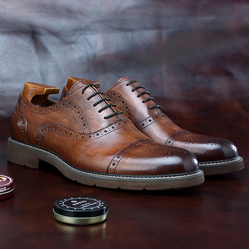 Мужские туфли-оксфорды ручной работы из натуральной кожи с круглым носком на