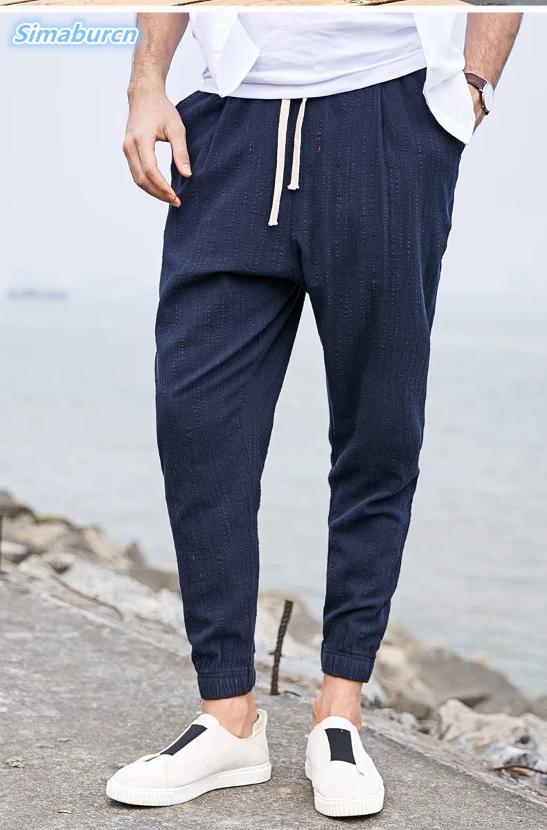 

Высококачественные мужские повседневные брюки-карандаш, летние хлопковые льняные свободные брюки с эластичной резинкой на талии для мальч...