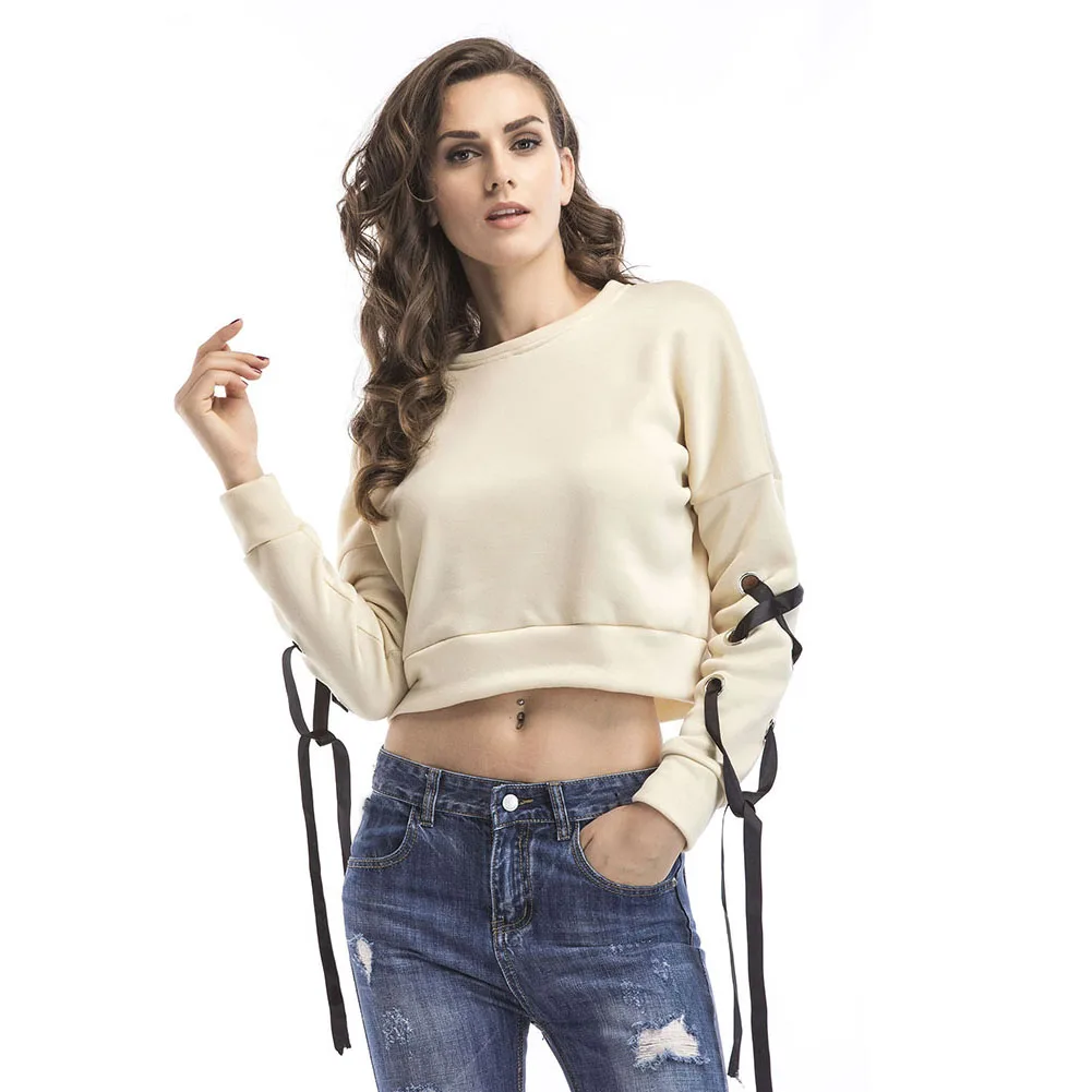 Женские осенние новые свободные топы женские короткие свитшоты на шнуровке с