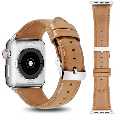 Silver buckle Ремешок из натуральной кожи для часов correa Apple, 40 мм, 44 мм, iwatch series, 4, 3, 2, 1, 42 мм, 38 мм, браслет, ремешок на запястье - Цвет ремешка: Silver buckle