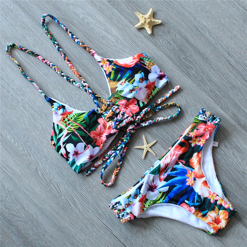 Bikini 2019 Swimwear Women Printing Bandge Swimsuit Sexy Push Up Set Low Waist Thong Beach bathing suit women biquini |