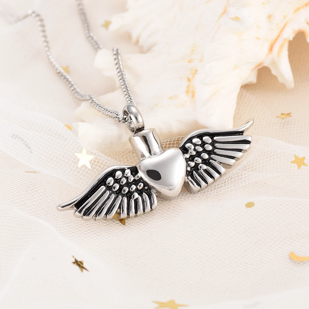 

Beautiful Angel Wings Heart Pendant Memorial Jewelry Ashes Keepsake for Human Ash Holder Stainless Steel Cremation Urn Necklace