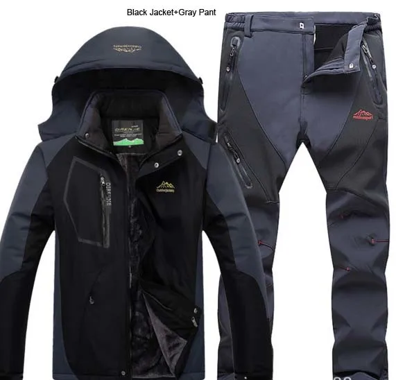 Black Gray 5XL мужская зимняя куртка для скалолазания, лыжного спорта, брюки, костюмы для охоты, рыбалки, водонепроницаемые, треккинговые, мужские мягкие флисовые комплекты для путешествий - Цвет: Black Gray