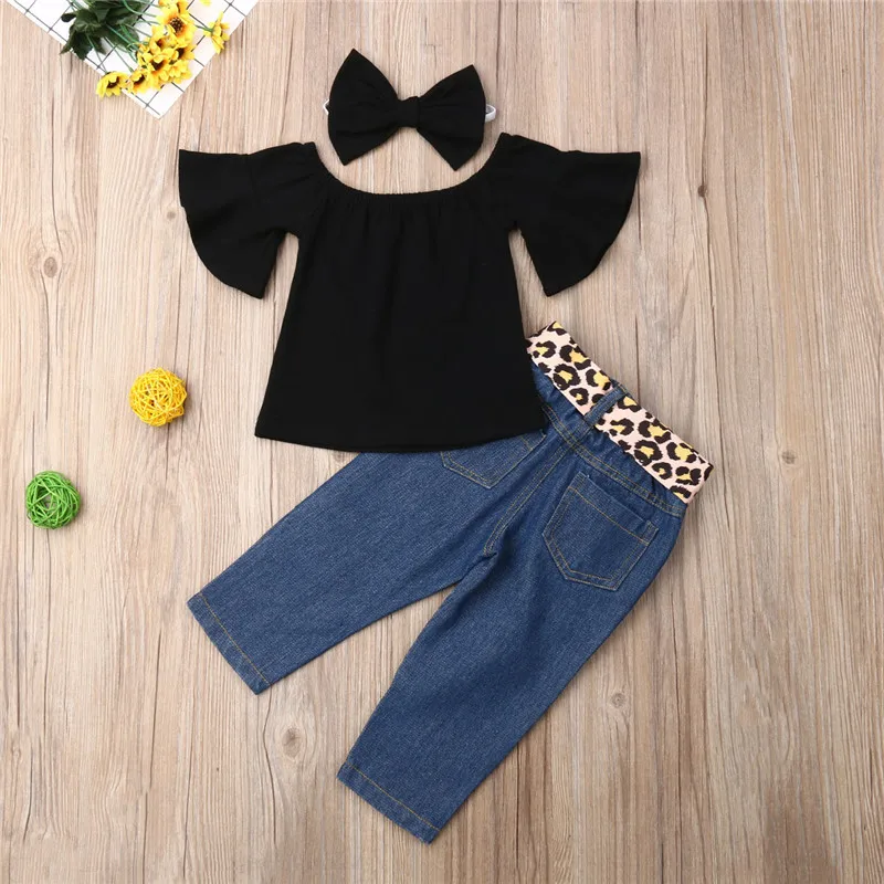 Toddler Kids Baby Girl Leopard Denim Outfit Black Off Shoulder Top Blouse Ripped Jeans Pants Headband 3PCS Clothes Set 1-6T 2019 | Детская