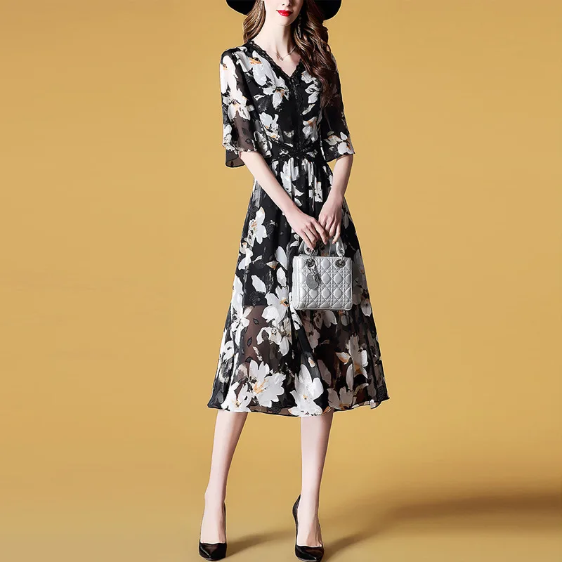 Женское вечернее платье с принтом знаменитостей элегантное черное v-образным