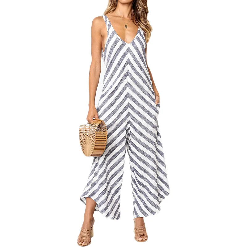 Пикантные летние комбинезоны женские в полоску с глубоким v образным вырезом без