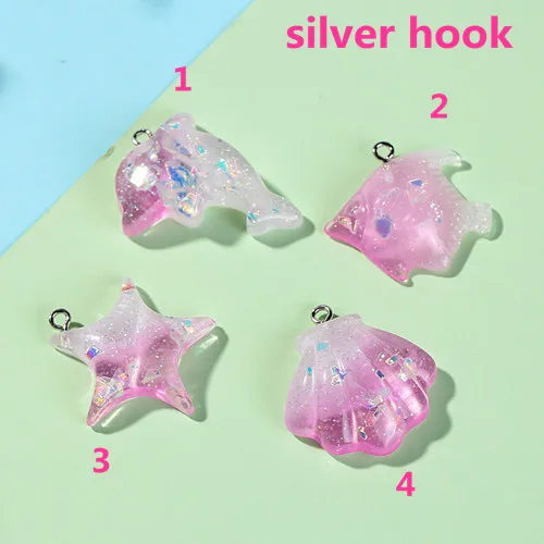silver hook 10 шт. блестящие кабошоны из смолы с плоским основанием градиентного цвета морские или Морские обитатели тематические подвески для сережек diy - Цвет: silver hook