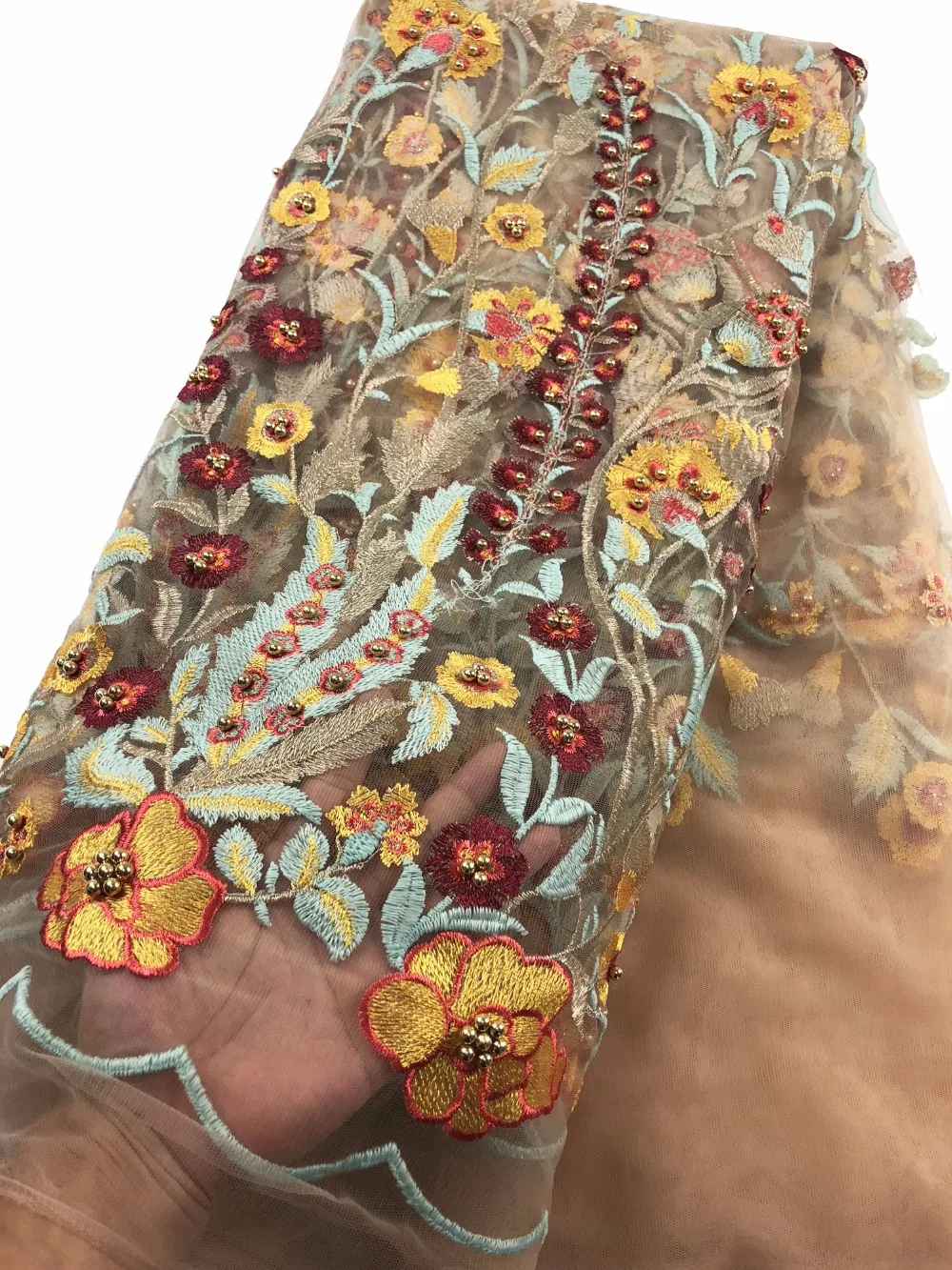 

Beautiful French Tulle Lace Fabric With Beaded African French Net Lace Fabric Embroidered ;Guipure Cord Lace Fabrics A727-19