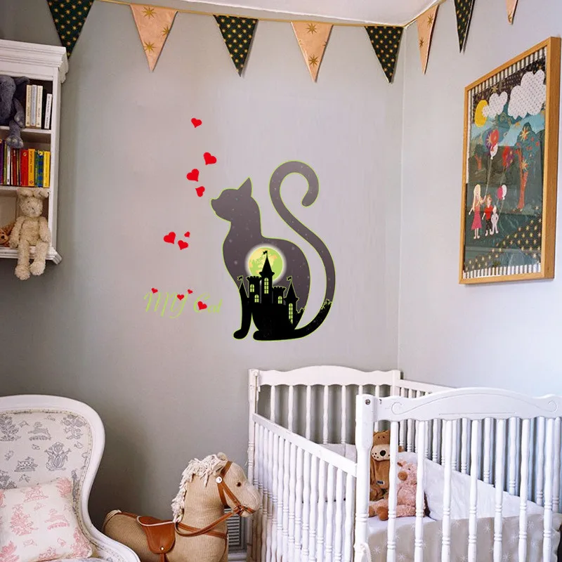 DIY светящийся милый кот сердце город настенный стикер Ночной светильник спальня