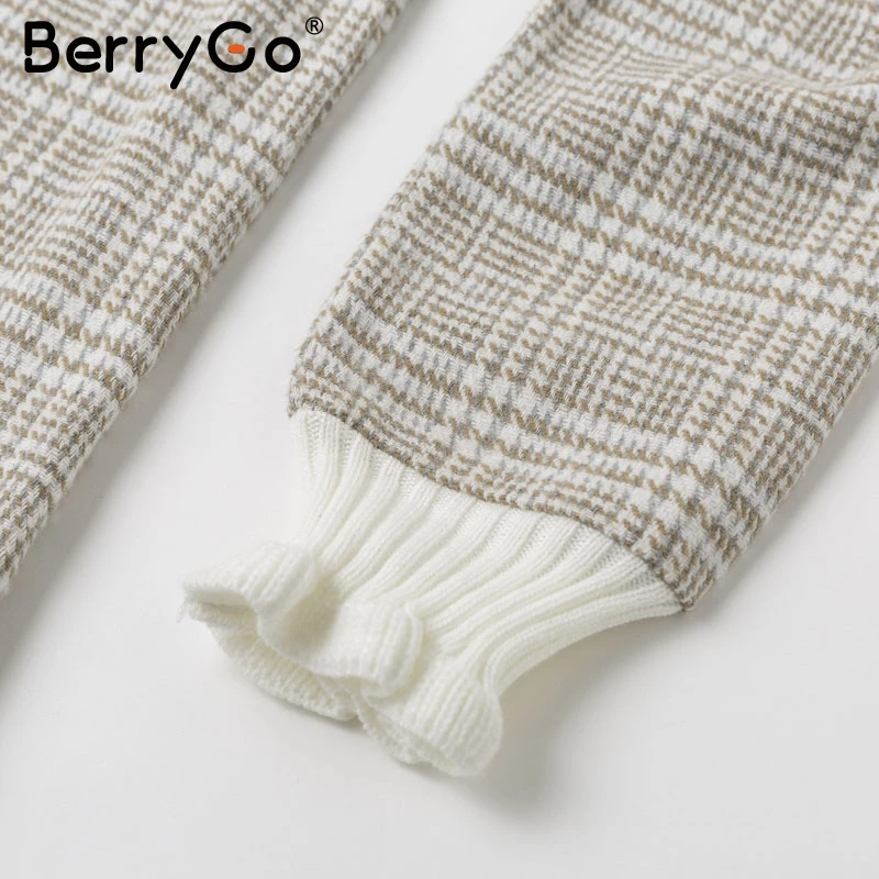 BerryGo Элегантное платье в клетку женское коротким трикотажным платьем женское с рюшами и винтажными осенними офисными дамскими платьями