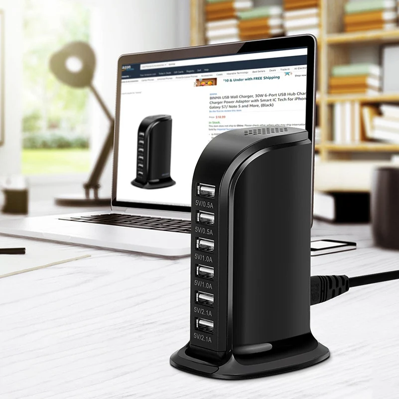 USB Зарядная станция Hub 30W 6 портов Зарядное устройство для стены Портативное путешествие настольный для iPhone iPad Samsung Мобильные телефоны