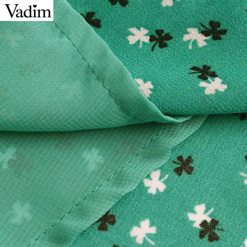 Vadim women floral print chiffon green dress V neck gathered long sleeve female casual dresses elegant summer vestidos QC009 | Женская