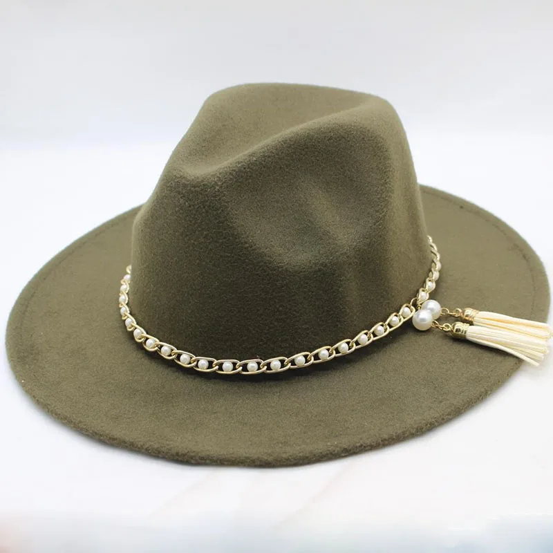 

SUOGRY Модные мужские и женские винтажные шерсть фетровая Панама джазовая, шляпа фетровой жемчуг ремешок шириной элегантные черные шапки