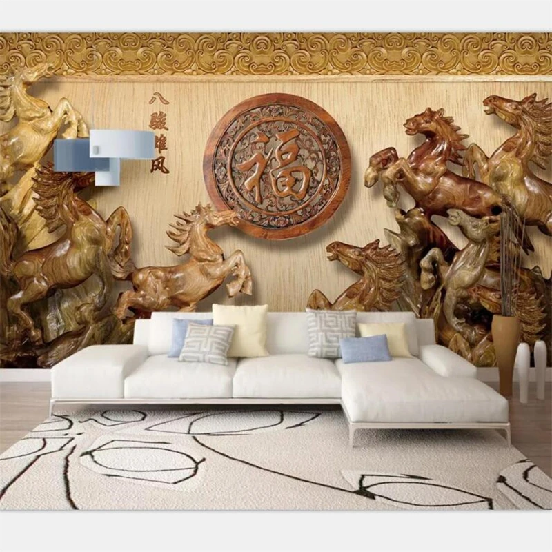 beibehang Wallpaper mural custom photo living room 3d wood carving eight horses male wind to success wallpaper background | Обустройство