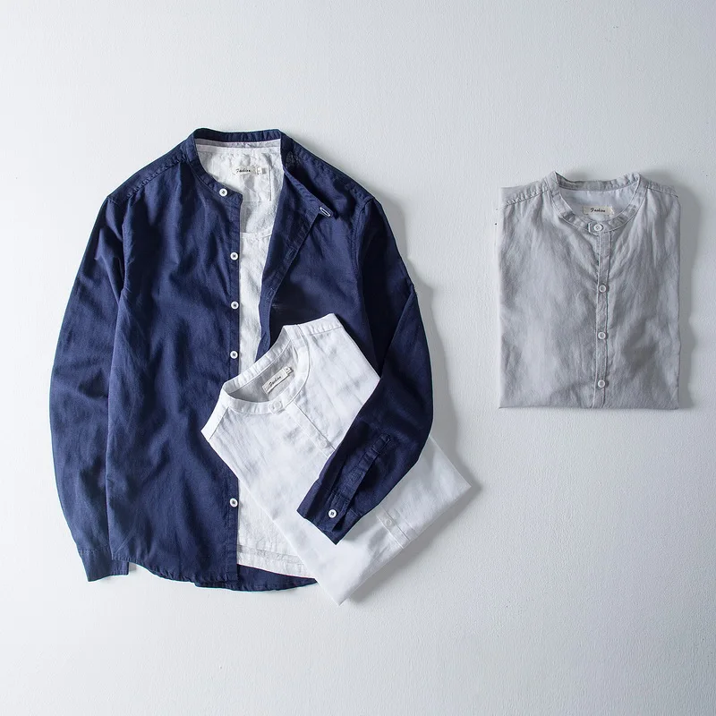 

Unique design M-4XL linen and cotton gray shirt men brand fashion stand collar flax shirts male solid tops camisa chemise
