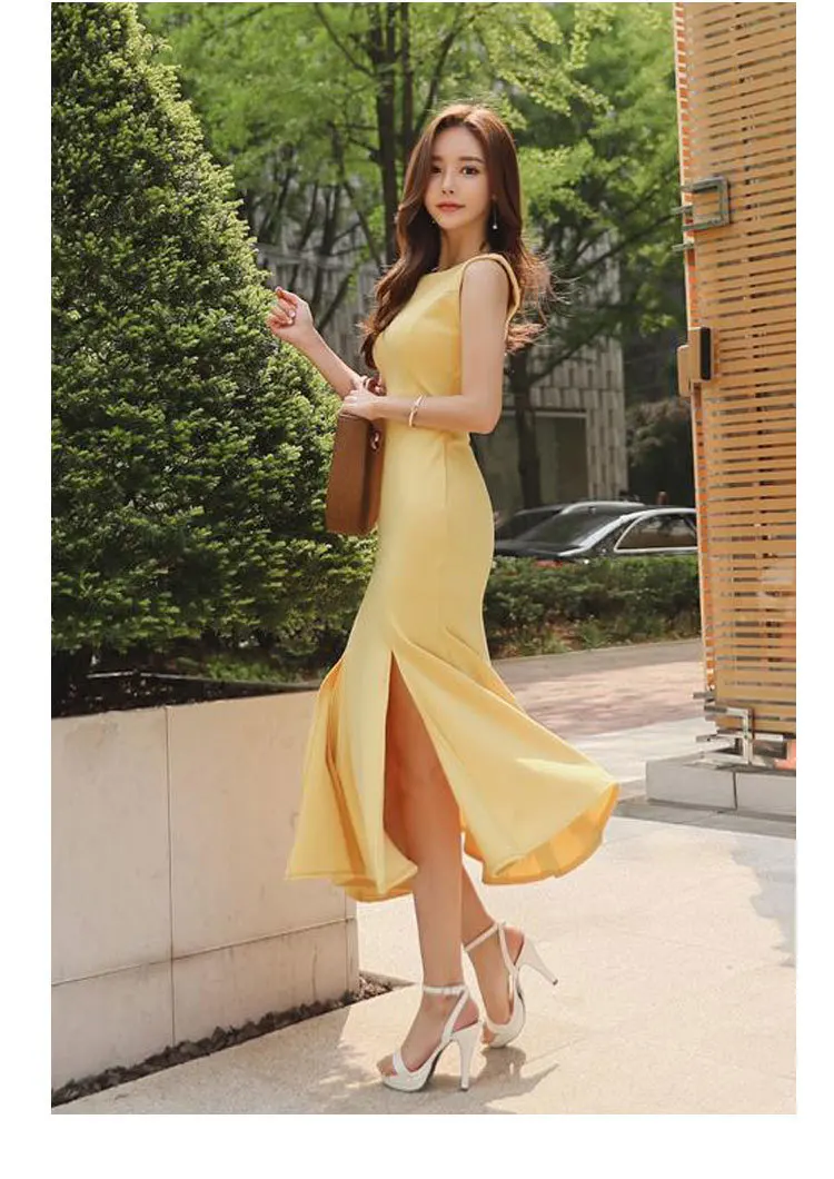 Foamlina, сексуальное вечернее платье, vestidos robe Femme,, элегантное, желтое, без рукавов, с воланом, миди, платье для женщин, летнее платье