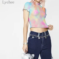 lychee sexy tie dye perspective women t shirt crop top mock neck short sleeve see through thin female t shirt tee top