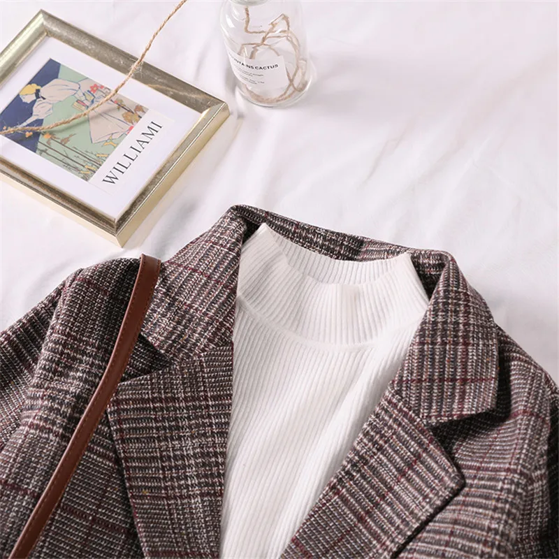 Женский блейзер с длинным рукавом винтажный офисный в клетку свободный костюм из