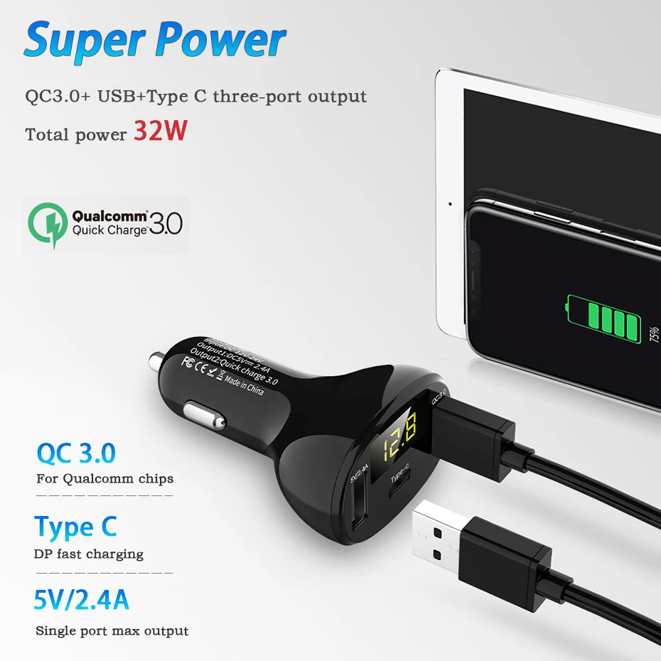 Автомобиль Dual USB Автомобильное зарядное устройство прикуривателя Тип C QC 3,0 Зарядное устройство 5V светодиодный Дисплей адаптер-разветвитель Авто гнездо зарядки электронных аксессуаров