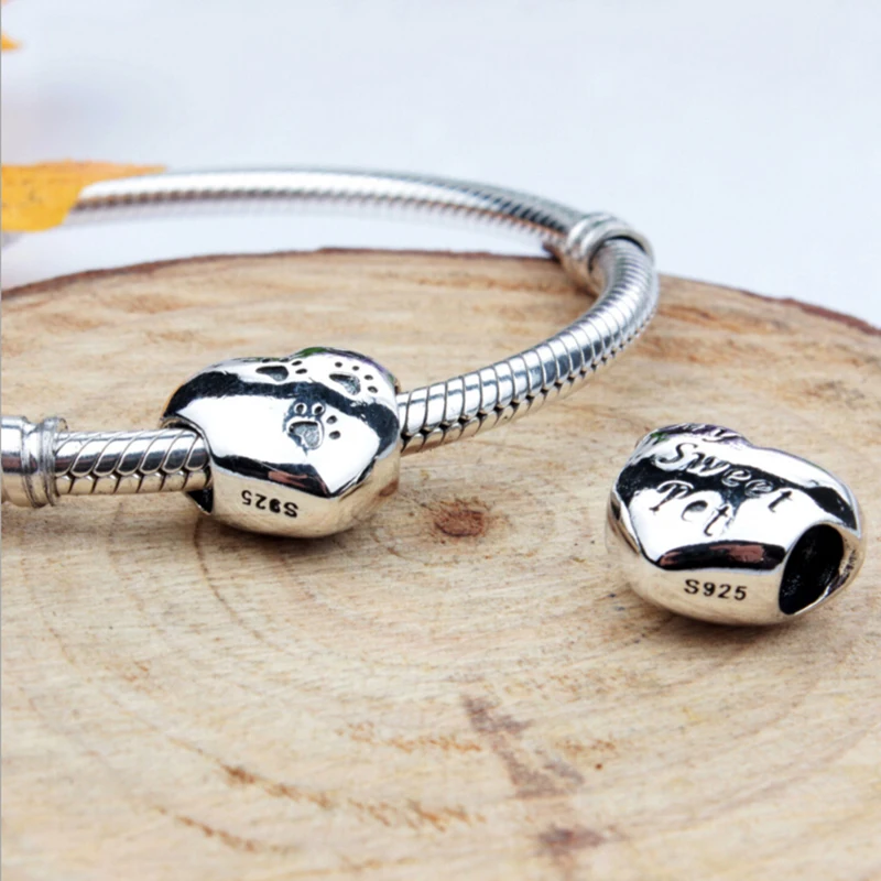 925 Sterling Silver My Sweet Pet Paw Print Charm fit Original BW Bracelet Necklace Heart Bead Accessories Jewelry Making | Украшения и