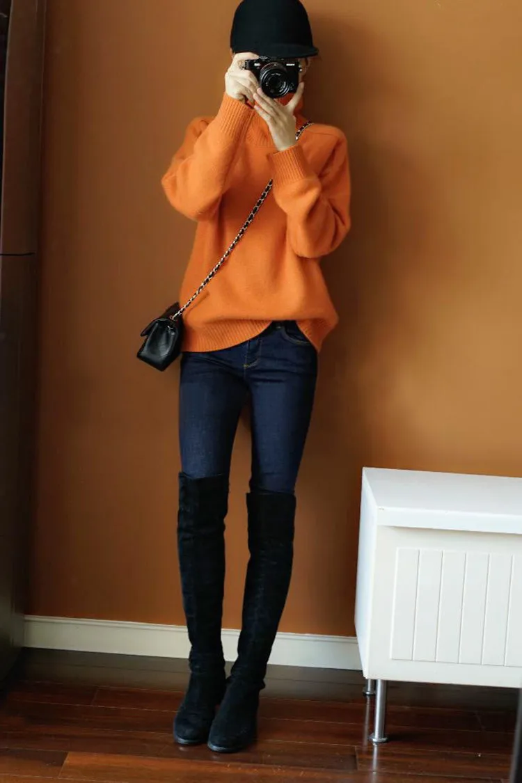 Orange Natural cashmere sweater female high collar warm winter thick pullover loose lazy knit bottoming shirt |