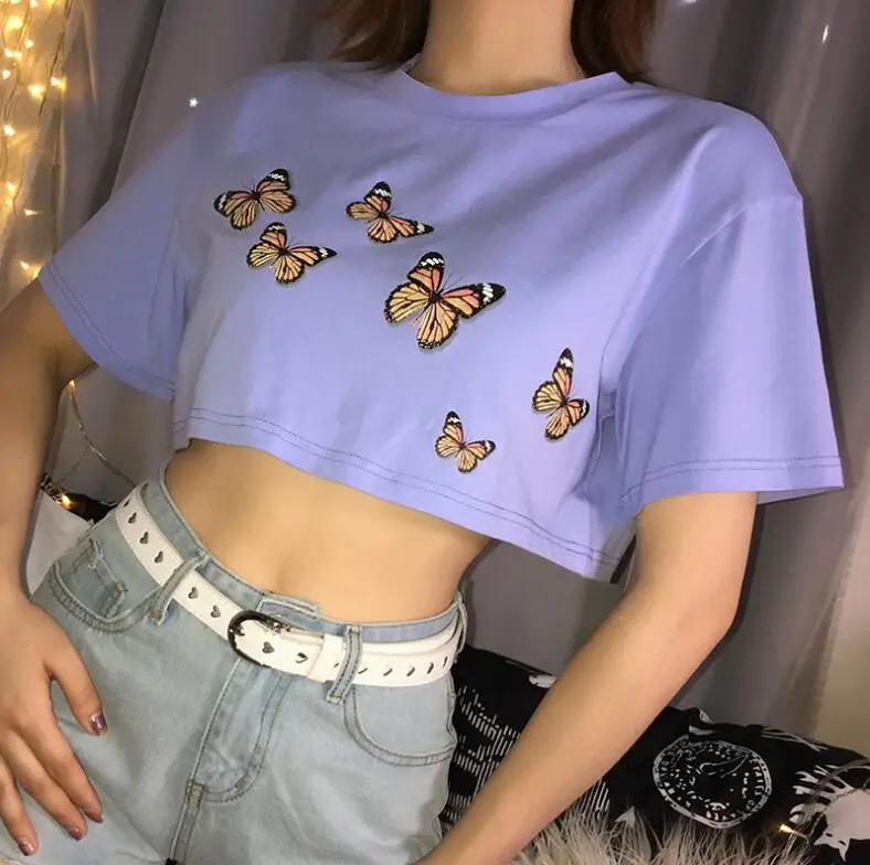 Летняя женская Свободная футболка Харадзюку с бабочкой и круглым вырезом
