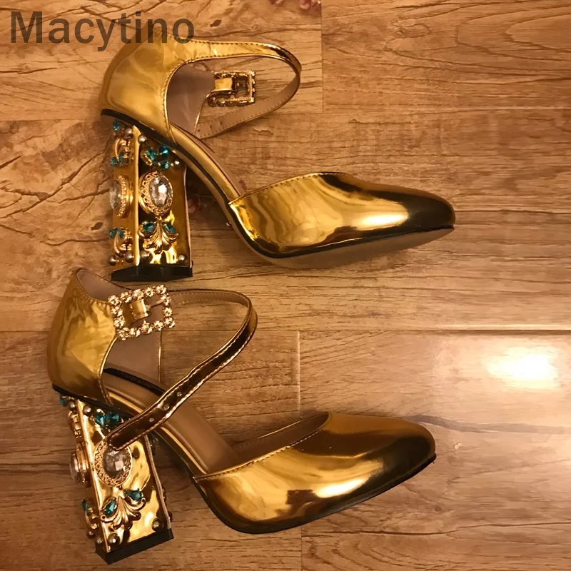Macytino/Новинка года; роскошные золотистые туфли-лодочки; женские свадебные туфли на высоком каблуке 10 см; Туфли на каблуке с ремешком на щиколотке, украшенные стразами